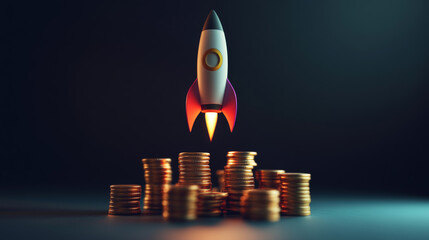 The power of compound interest is shown using a rocket launching and growing stacks of coins. This 3D illustration represents the concept of how investments can grow rapidly over time.