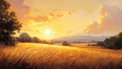 Obraz premium A sun-kissed landscape with warm golden hues over a quiet countryside, radiating tranquility and peace