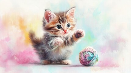 Cute kitten playing with yarn ball