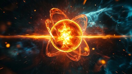 Obraz premium A vivid depiction of atomic energy release from two colliding atoms, showing a bright explosion and energy waves.