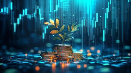 Stacked coins and a growing plant symbolize financial growth and success through digital finance management tools.