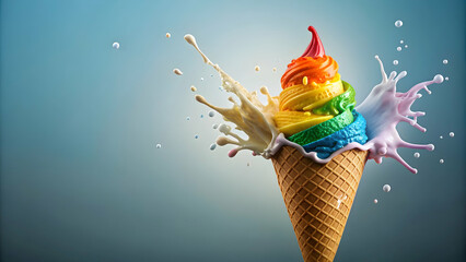 Rainbow colored ice cream cone surrounded by milk droplets, ice cream, cone, milk, rainbow, colorful, dessert, sweet, treat