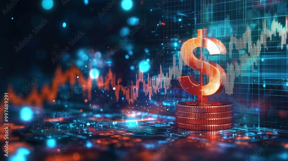 Poster a digital rendering of a dollar sign on stacked coins with a rising graph, symbolizing wealth buildi