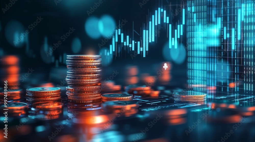 Poster stacks of coins and financial graphs symbolize algorithmic trading for profit.