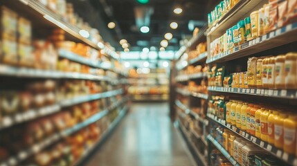 Fototapeta premium A Blurred View of Supermarket Aisle with Products on Shelves