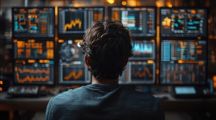man surrounded by multiple screens displaying fluctuating stock market graphs illustrating the intensity and complexity of financial analysis and investment strategies in a modern setting