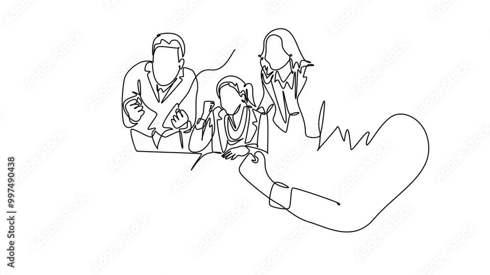 Poster animated self drawing of continuous line draw of happy businessman and woman sitting in front of lap