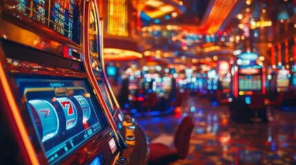 Close-up of a Slot Machine with Seven Symbols Displayed in a Casino Setting