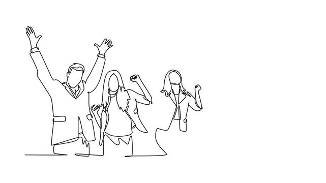 Animated self drawing of continuous line draw group of male and female manager celebrating their successful achieve business financial target. Team work goal concept. Full length single line animation