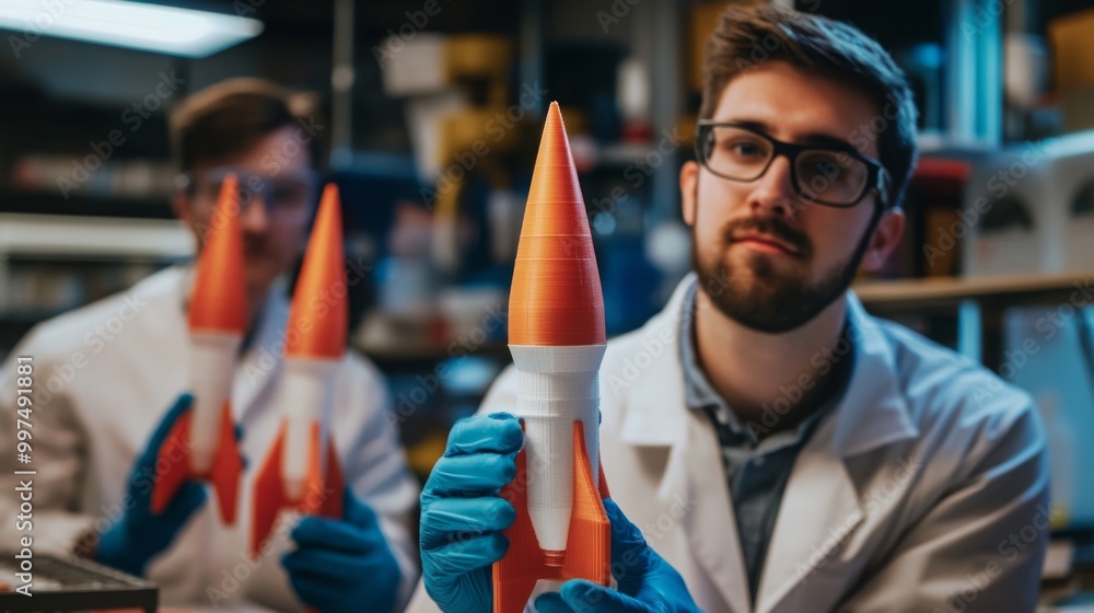 Poster In a university lab, two students in lab coats are engaged in a rocket building workshop, carefully assembling model rockets. The focus is on creativity and hands-on learning in science.