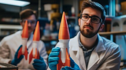 In a university lab, two students in lab coats are engaged in a rocket building workshop, carefully assembling model rockets. The focus is on creativity and hands-on learning in science.