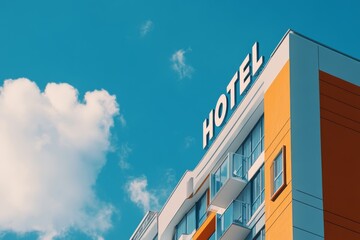 Modern luxury hotel with a prominent sign against a clear blue sky, showcasing architectural elegance ideal for travelers and business guests