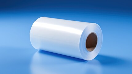 Roll of White Plastic Film on a Blue Background