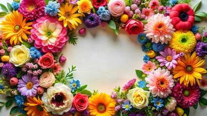 Obraz premium Flower frame with a beautiful wreath of colorful flowers for weddings, backgrounds, and cards, flower frame,wreath, colorful