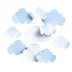 Obraz premium Paper cut-out cloud shapes for whimsical designs, png, transparent background.