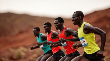 Obraz premium Runners in vibrant jerseys sprint along a rugged terrain, showcasing athleticism and determination during a competitive race.