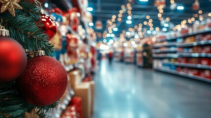 Red Christmas Ornament on a Branch in a Blurred Grocery Store Aisle