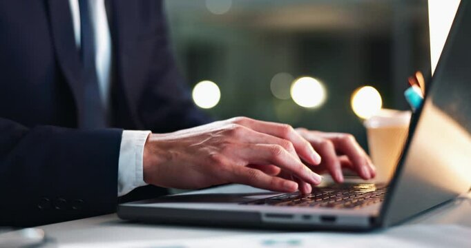Business man, hands and laptop with office typing for attorney administration and working. Planning, desk and lawyer with law brief and digital case update with tech for online professional project