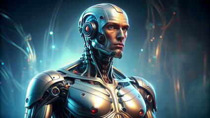 Naklejka premium Men cyborg with a realistic face created by Generative AI, technology, artificial intelligence, futuristic