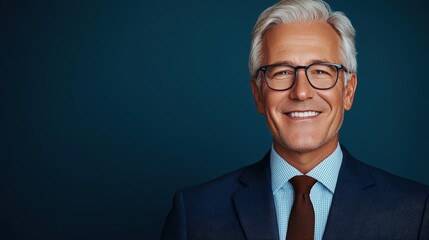 Confident Businessman Smiling in Blue Suit and Glasses