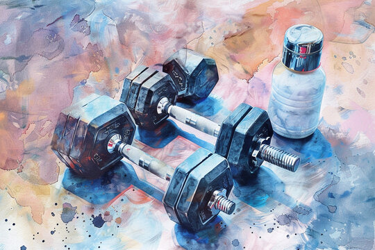 Watercolor-Style Scene Featuring Dumbbells and Protein Shaker &ndash; Vivid Colors and Soft Brushstrokes Highlight the Fresh and Healthy Image of Fitness, Perfect for Health Enthusiasts