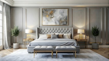 Elegant gray and white bedroom featuring a gold abstract painting, tufted headboard, and velvet bench, elegant