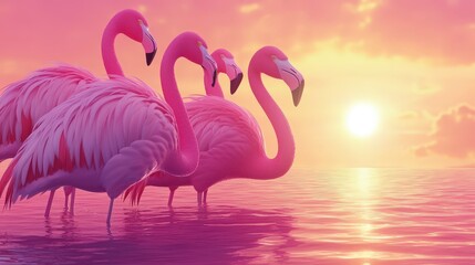 Naklejka premium Group of flamingos wading in water at sunset with pink sky
