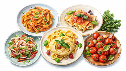 Watercolor of a variety of pasta dishes, isolated on white background, pasta, food, Italian, cuisine, watercolor