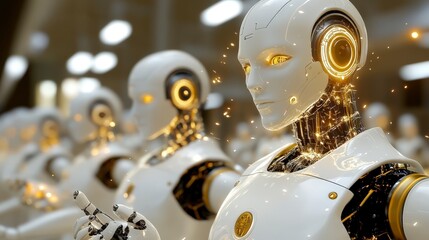 Fototapeta premium Futuristic robots with glowing elements in a factory or laboratory setting