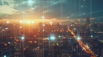 Naklejka premium Futuristic City Skyline with Digital Overlay at Sunset