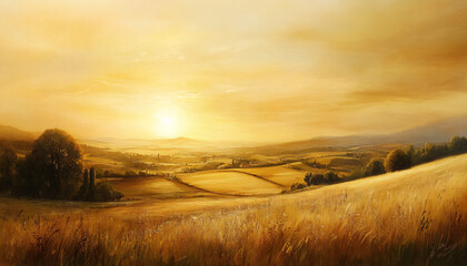 A sun-kissed landscape with warm golden hues over a quiet countryside, radiating tranquility and peace