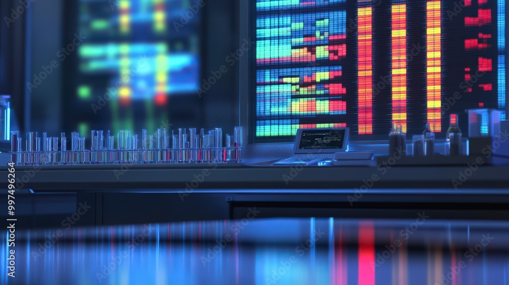Poster advanced laboratory scene with colorful digital displays and test tubes