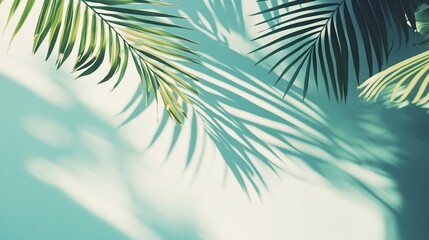 Lush palm leaves casting shadows on a wall.
