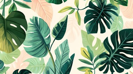 Lush tropical leaves on a light background.