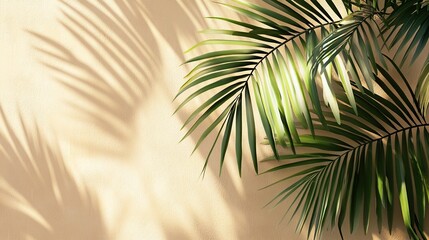 Lush palm leaves casting shadows on a wall. © arsyi_06