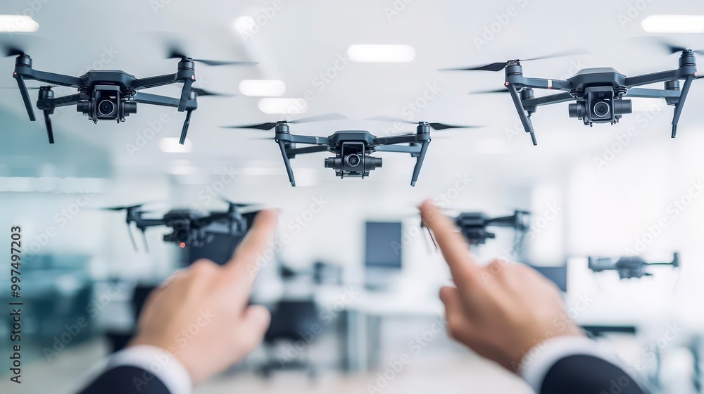 Aufkleber People controlling drones in a modern office environment with computers