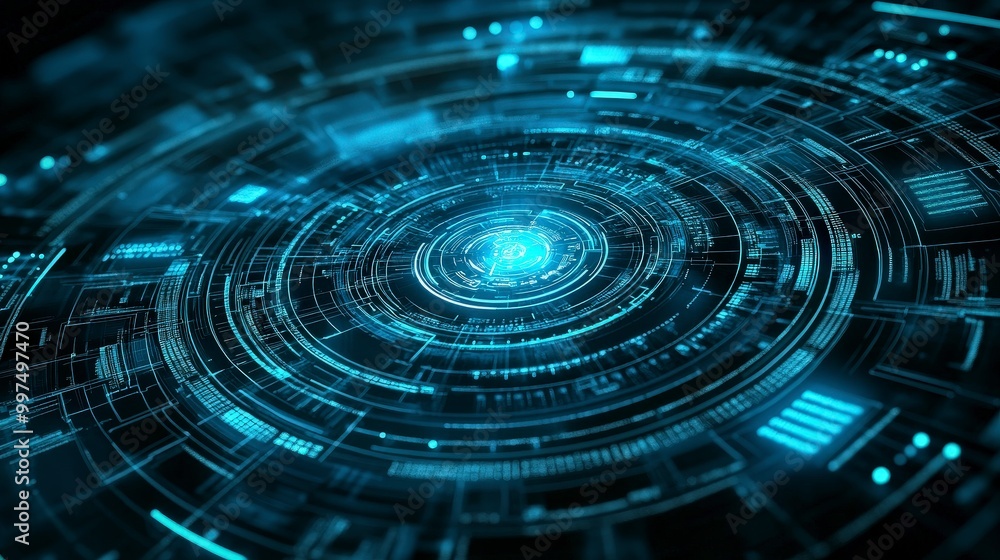 Poster futuristic glowing blue digital interface with circular data patterns