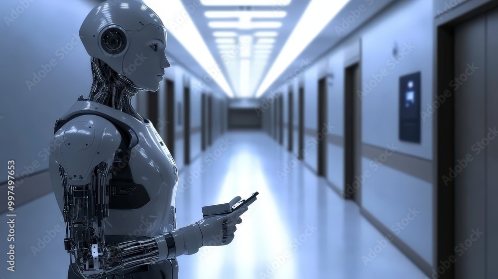 Poster humanoid robot navigating hallway while holding a smartphone in futuristic setting