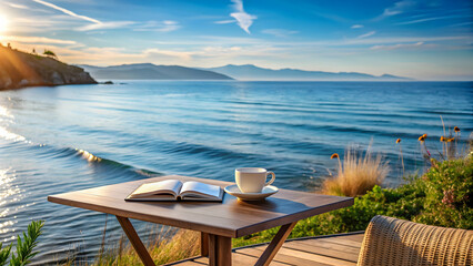 Obraz premium Serene seaside retreat with coffee and book on a table, tranquil morning by the sea, Seaside, retreat, coffee, book, table