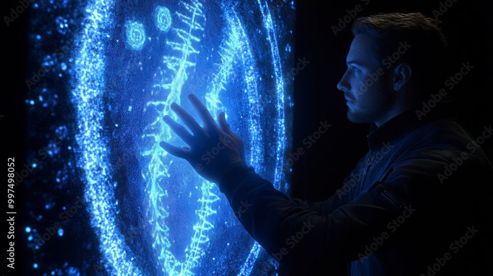 Poster man interacts with futuristic glowing interface in dark environment