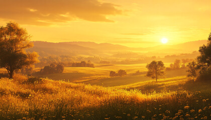 A sun-kissed landscape with warm golden hues over a quiet countryside, radiating tranquility and peace