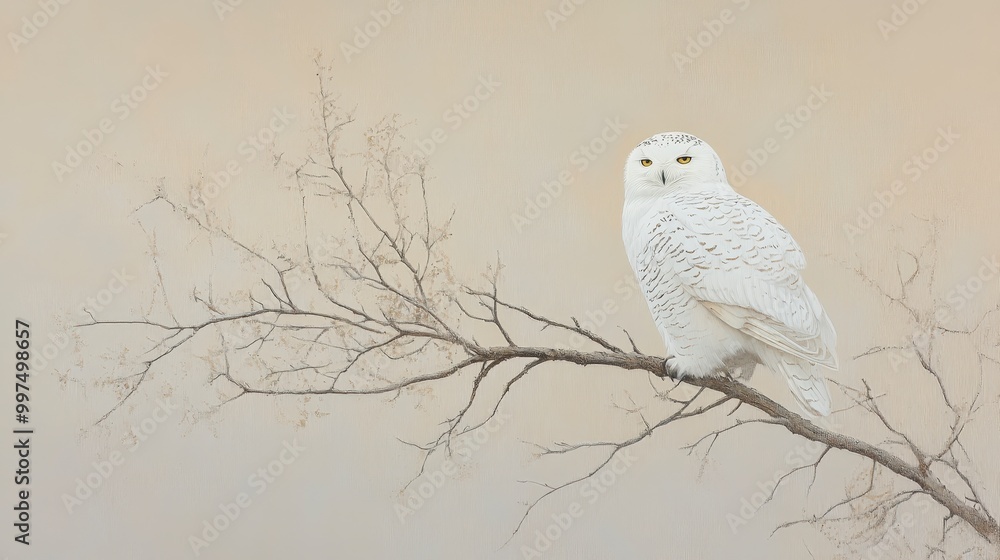 Poster snowy owl perched on a bare tree branch in a serene setting