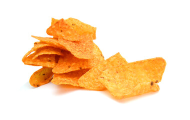 Pile of nachos on a white background