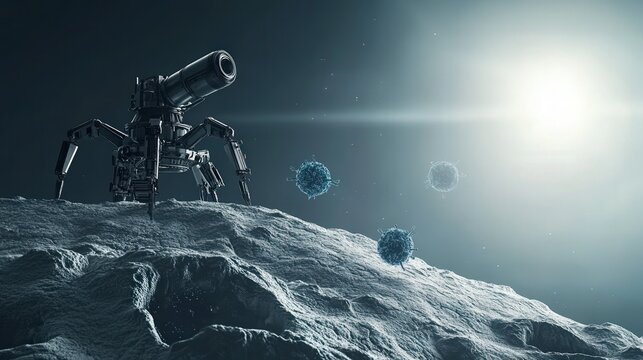 Futuristic telescope exploring alien landscape under bright starry sky