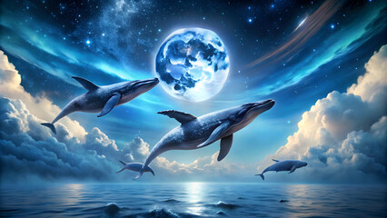 Fototapeta premium Majestic whales soaring in a celestial ocean sky with moonlight glow , whales, celestial, ocean, sky, moon, serene, marine