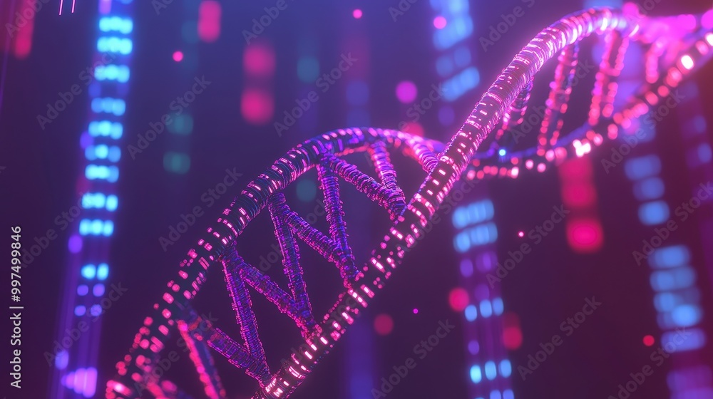 Poster digital representation of dna strand glowing in a futuristic setting