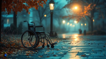 Obraz premium Empty wheelchair on foggy autumn evening in peaceful park setting