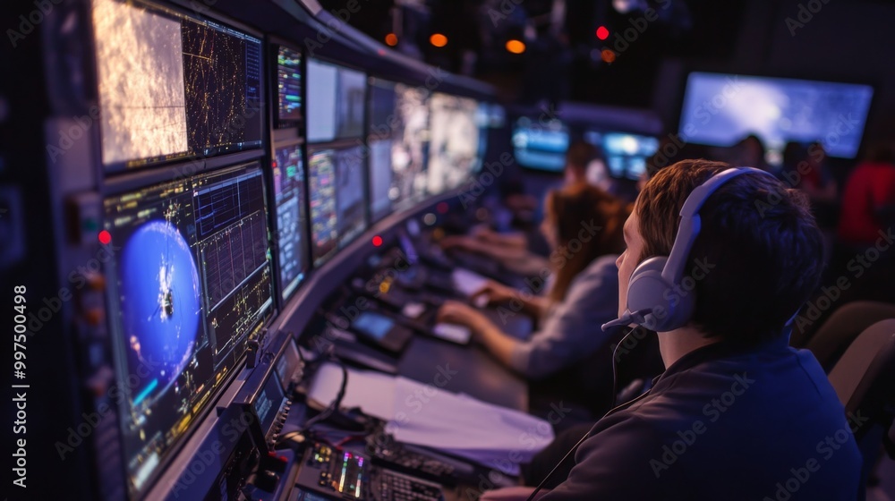 Poster A man wearing headphones looks intently at a computer screen showing a satellite image. He sits in a dimly lit control room surrounded by multiple computer screens.
