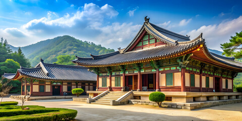Obraz premium Korean temple in the countryside, Korean, temple, country, rural, Asia, traditional, architecture, Buddhism, peaceful