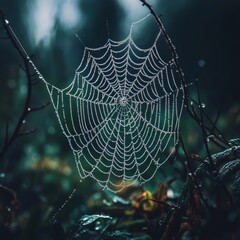 Intricate Dewdrop Spider Web, a mesmerizing display of a delicate spider web, intricately woven and glistening with dewdrops, showcasing nature's stunning artistry and detail